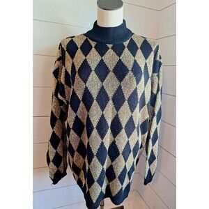 VTG Pullover Sweater Metallic Gold/Black Diamond Pattern Maurada Collections XL